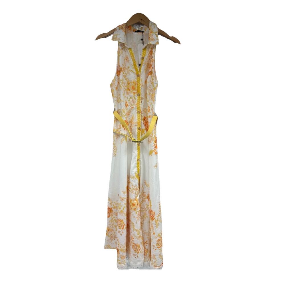 Vintage‎ Style Button Front Collared Belted Yellow Orange Floral Retro Dress S